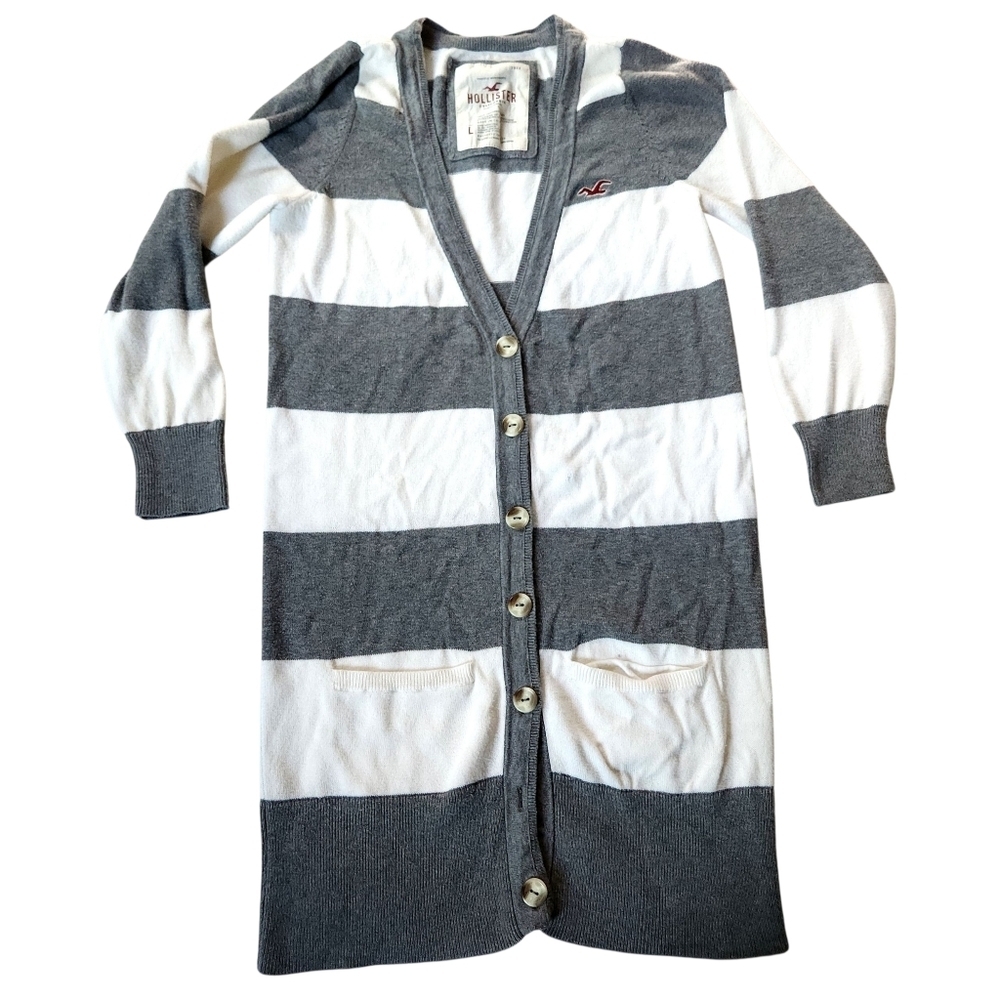 2010s Hollister White & Grey V Neck Button Up Sweater Cardigan Size L